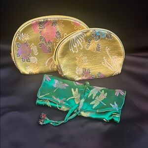 Embroidered Gold and Green Bag Set floral dragonfly